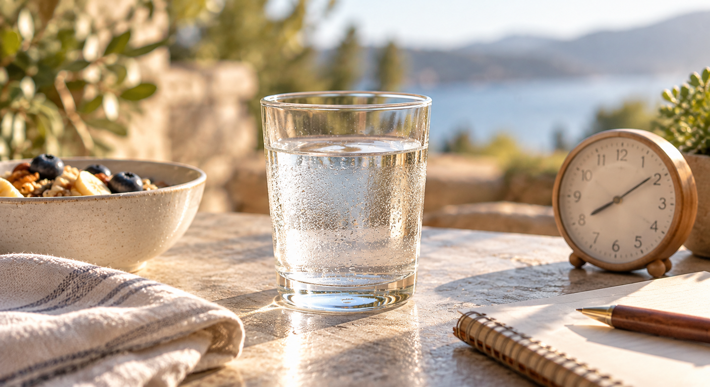A glass of water beside a clock, breakfast and notebook on a sunlit table