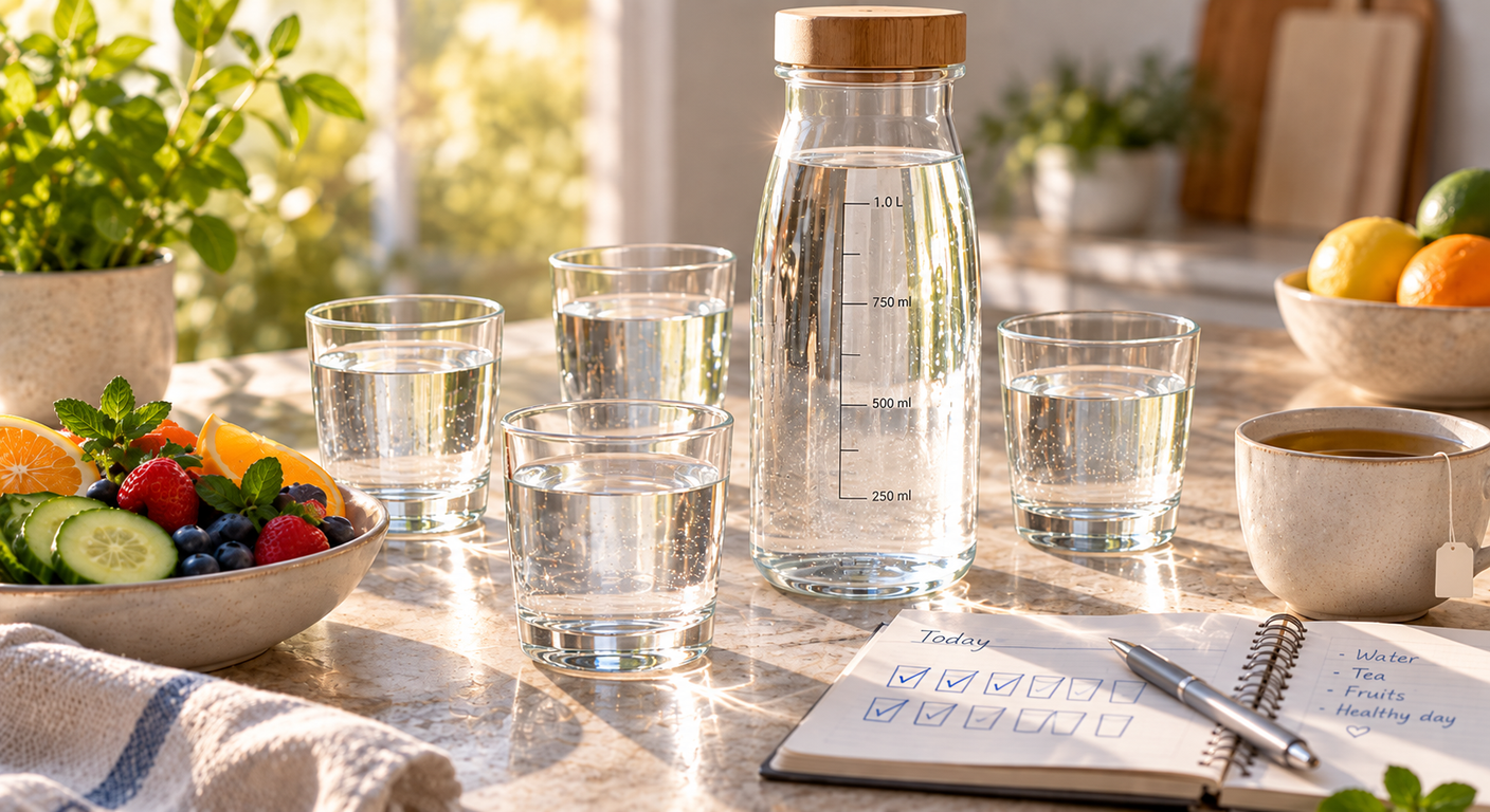 A measured water bottle with matching glasses, tea, fruit and a daily hydration planner on a sunlit table