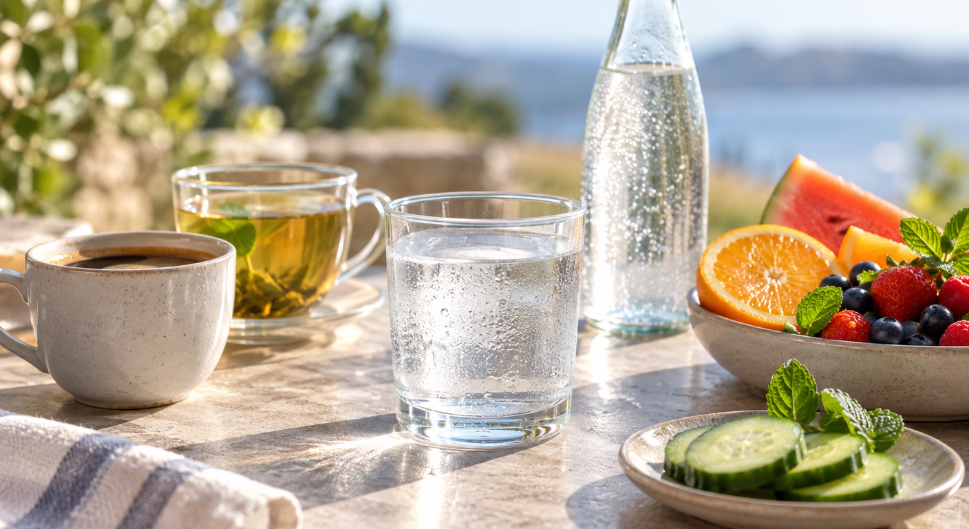 A glass of water with coffee, tea, sparkling water, fruit and cucumber on a sunlit table