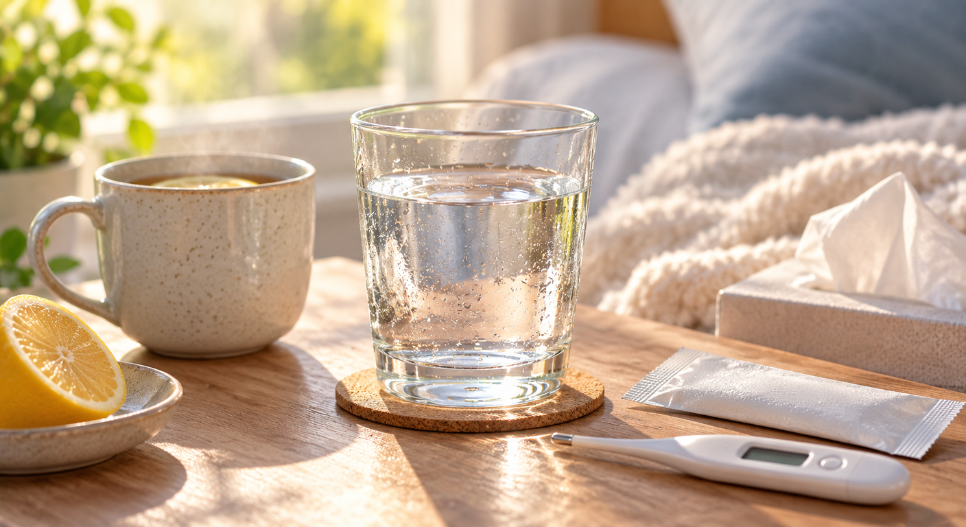 A glass of water with a warm drink, thermometer, tissues and rehydration sachet on a sunlit bedside table