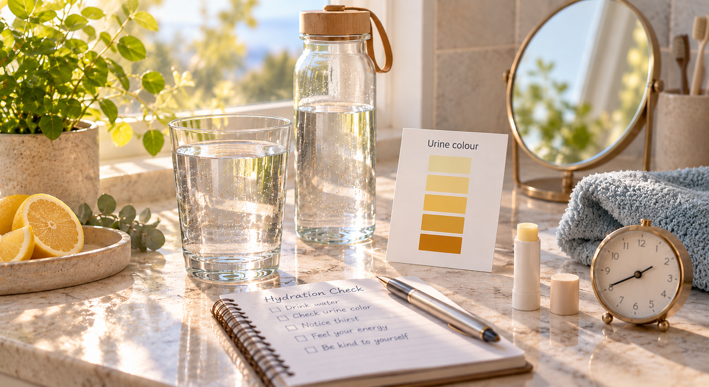 A glass of water, reusable bottle, urine colour card, mirror and hydration checklist on a sunlit bathroom counter