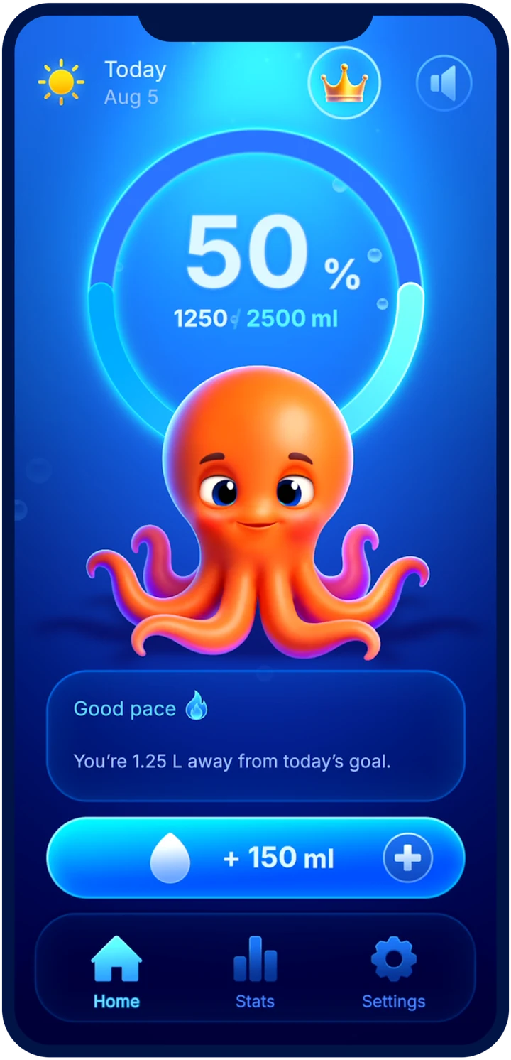 Octi Flow showing updated hydration progress and an encouraging Octi message
